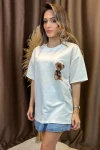 Ekru Ön Ve Arka Ayıcık Baskılı Love Ny 2 İplik Örme Tişört BCCL-253007