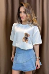 Ekru Ön Ve Arka Ayıcık Baskılı Love Ny 2 İplik Örme Tişört BCCL-253007
