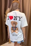 Ekru Ön Ve Arka Ayıcık Baskılı Love Ny 2 İplik Örme Tişört BCCL-253007