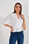 Ekru Sunshine Ponponlu Kruvaze Bağlamalı Kapri Kol Bluz CO-2520023304