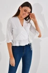 Ekru Sunshine Ponponlu Kruvaze Bağlamalı Kapri Kol Bluz CO-2520023304