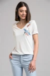 Ekru V Yaka Nakış İşlemeli Boyfriend Kısa Kol Bluz CO-257130562