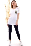 Ekru V Yaka Pul Payet Cepli T-Shirt CO-2520050507