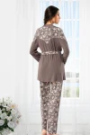 Füme Çiçek Desenli SabahlıkLı Üçlü Pijama Takımı BCAN-258901FA