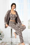 Füme Çiçek Desenli SabahlıkLı Üçlü Pijama Takımı BCAN-258901FA