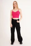 Fuşya Pamuklu Kaşkorse İp Askılı Dantelli Crop Bluz CO-2523254275
