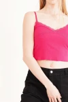 Fuşya Pamuklu Kaşkorse İp Askılı Dantelli Crop Bluz CO-2523254275