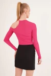 Fuşya Tek Omuz Yakası İpli Kaşkorse Crop Bluz CO-2523254279