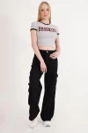 Gri Bisiklet Yaka Baskılı Pamuklu Crop T-Shirt CO-2523254270
