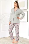 Gri Çiçek Desenli Önü Düğmeli Battal Pijama Takımı BCAN-258802FA