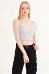 Gri Pamuklu Kaşkorse İp Askılı Dantelli Crop Bluz CO-2523254275