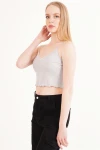Gri Pamuklu Kaşkorse İp Askılı Dantelli Crop Bluz CO-2523254275