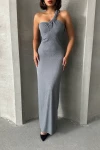 Gri Tek Omuz Detaylı Maxi Boy Elbise BCHN-2525455