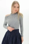 Gri Tek Omuzu Açık İncili Yumoş Bluz CO-259100936