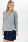 Gri V Yaka Önü İncili Yumoş Bluz CO-259100930