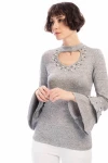 Gri Yakası Ve Kolu İncili Volanlı Yumoş Bluz CO-258490960