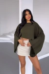 Haki Geniş Yaka Yarasa Kol Muslin Kumaş Keten Bluz BCBT-251003