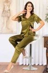 Haki Yeşili Saten Dantel Detaylı Pijama Takımı BCAN-254110FA