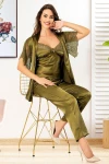 Haki Yeşili Saten Dantel Detaylı SabahlıkLı 3 Lü Pijama Takım BCAN-254908FA