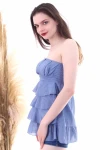 İndigo Eteği Kat Kat Fırfırlı Nervürlü Straplez Bluz CO-2520053022