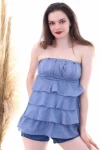 İndigo Straplez Fırfırlı Dokuma Bluz CO-253022