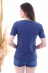 İndigo V Yaka Nakış İşlemeli Boyfriend Kısa Kol Bluz CO-257130562