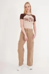 Kahve Bisiklet Yaka Baskılı Pamuklu Crop T-Shirt CO-2523254271