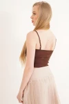 Kahve Pamuklu Kaşkorse İp Askılı Dantelli Crop Bluz CO-2523254275