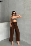 Kahverengi Beli Kuşaklı Keten Dokuma Pantolon BCHN-2525329