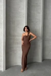 Kahverengi Tek Omuz Detaylı Maxi Boy Elbise BCHN-2525455