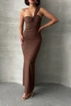 Kahverengi Tek Omuz Detaylı Maxi Boy Elbise BCHN-2525455