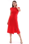 Kırmızı Büzgülü Yırtmaçlı Kısa Kol Elbise CO-2521333815
