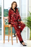 Kırmızı Siyah Saten Kol Ve Paça Bölümleri Siyah Manşetli Kalp Desenli Pijama Takımı BCAN-254604FA