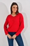Kırmızı V Yaka Çizgili Triko Bluz CO-2520026187