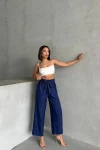 Lacivert Beli Kuşaklı Keten Dokuma Pantolon BCHN-2525329