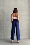 Lacivert Beli Kuşaklı Keten Dokuma Pantolon BCHN-2525329