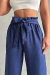 Lacivert Beli Kuşaklı Keten Dokuma Pantolon BCHN-2525329