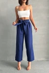 Lacivert Beli Kuşaklı Keten Dokuma Pantolon BCHN-2525329