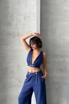 Lacivert Dekolteli Crop Bluz Ve Pantolonlu Keten Dokuma Alt Üst Takım BCHN-25255012