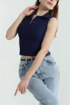 Lacivert Polo Yaka Sıfır Kol Kaşkorse Yazlık Bluz BCCL-253005