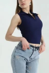 Lacivert Polo Yaka Sıfır Kol Kaşkorse Yazlık Bluz BCCL-253005
