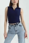 Lacivert Polo Yaka Sıfır Kol Kaşkorse Yazlık Bluz BCCL-253005