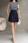 Lacivert Yüksek Bel Pileli Denim Mini Etek BCDF-257712