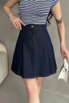 Lacivert Yüksek Bel Pileli Denim Mini Etek BCDF-257712