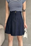 Lacivert Yüksek Bel Pileli Denim Mini Etek BCDF-257712