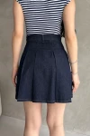 Lacivert Yüksek Bel Pileli Denim Mini Etek BCDF-257712