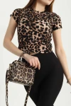 Leopar Desenli Kaşkorse Crop Bluz BCCL-253004