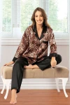 Leopar Saten Leopar Desenli Önü Cepli Ve Düğmeli Uzun Kollu Pijama Takımı BCAN-254605FA