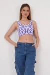 Lila Kare Yaka Desenli Triko Bluz CO-2523256430