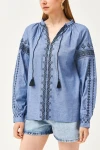 Mavi Bağcıklı Nakışlı Denim Görünümlü Salaş Dokuma Bluz BCEQ-25B1003